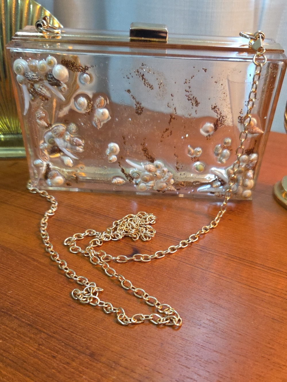 Pearl Embellished Clear Acrylic Clutch with Gold Chain